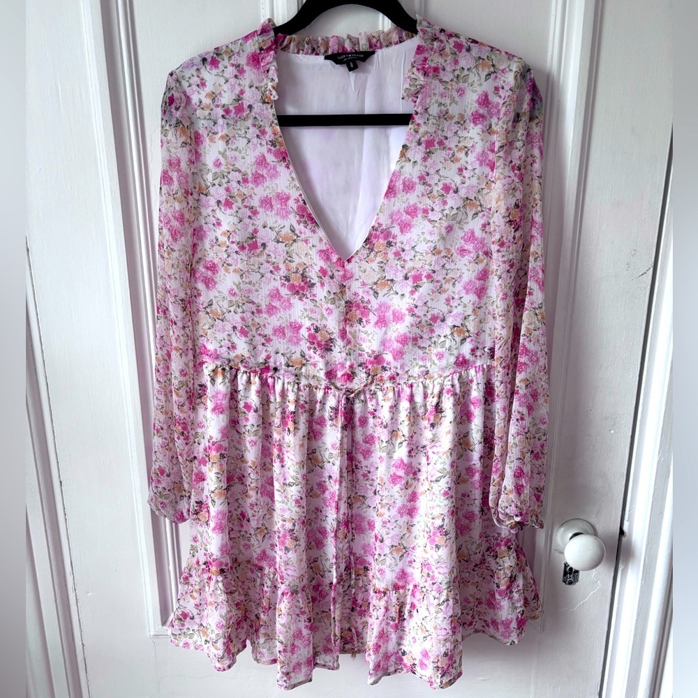 Women’s Lucky Brand Floral Print Tie Waist Lined Ruffle Bottom Dress Small